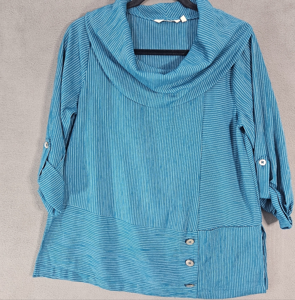 Soft Surroundings Tunic Top Womens Petite SP Teal Blue Cowl Neck 3/4 Sleeves